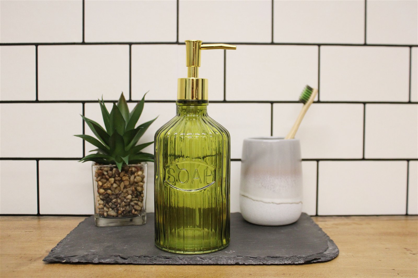 Green Glass Soap Dispenser - a Cheeky Plant
