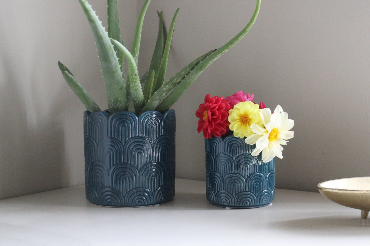 Set of Two Blue Scalloped Planters - a Cheeky Plant
