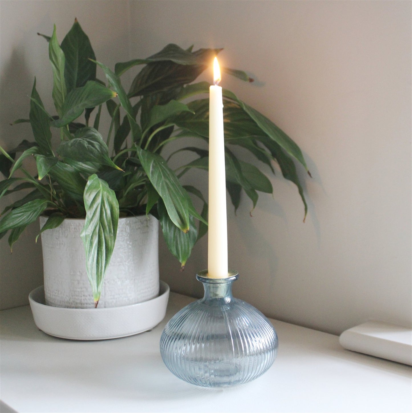 Blue Ribbed Glass Candle Holder - a Cheeky Plant