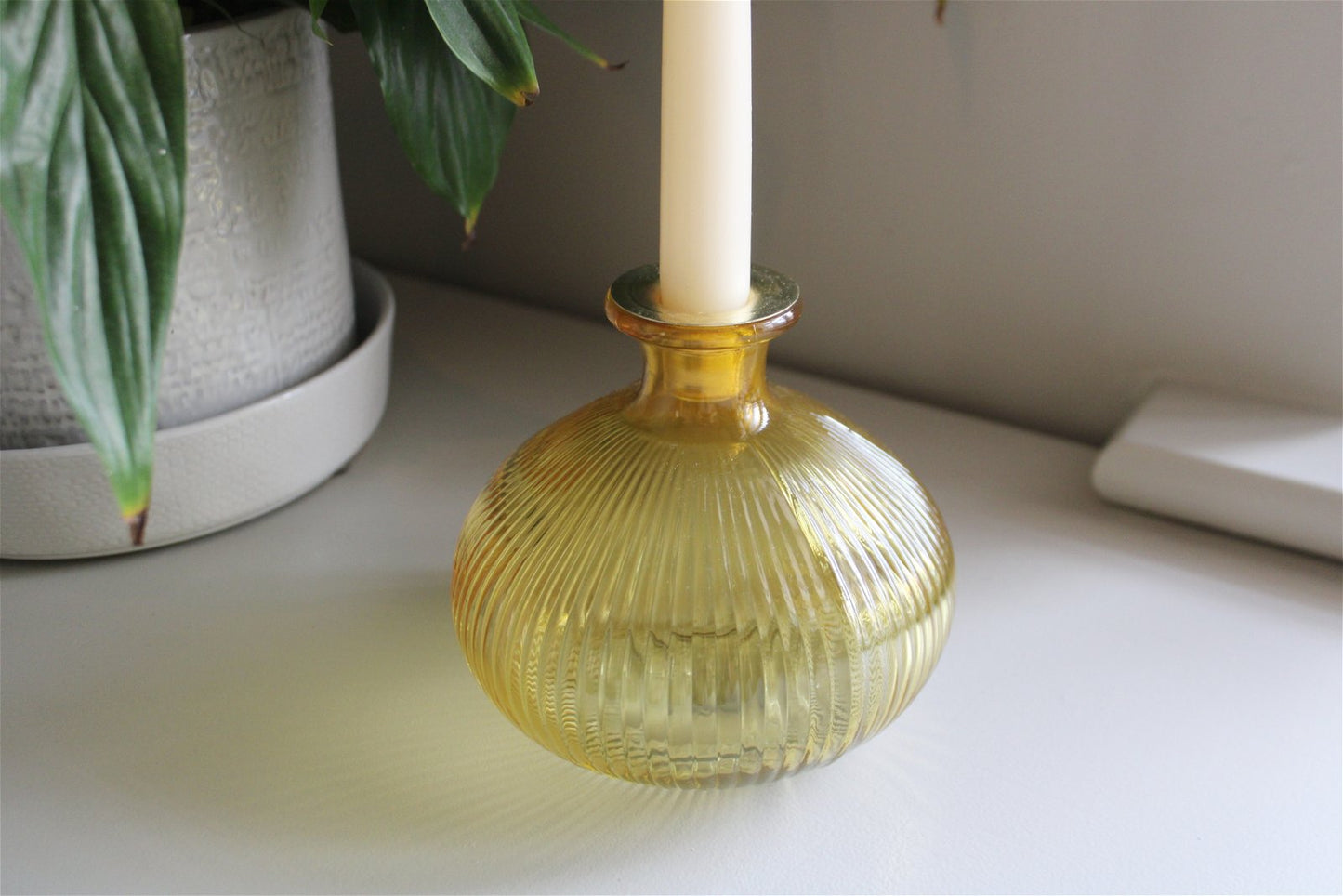 Yellow Ribbed Glass Candle Holder - a Cheeky Plant