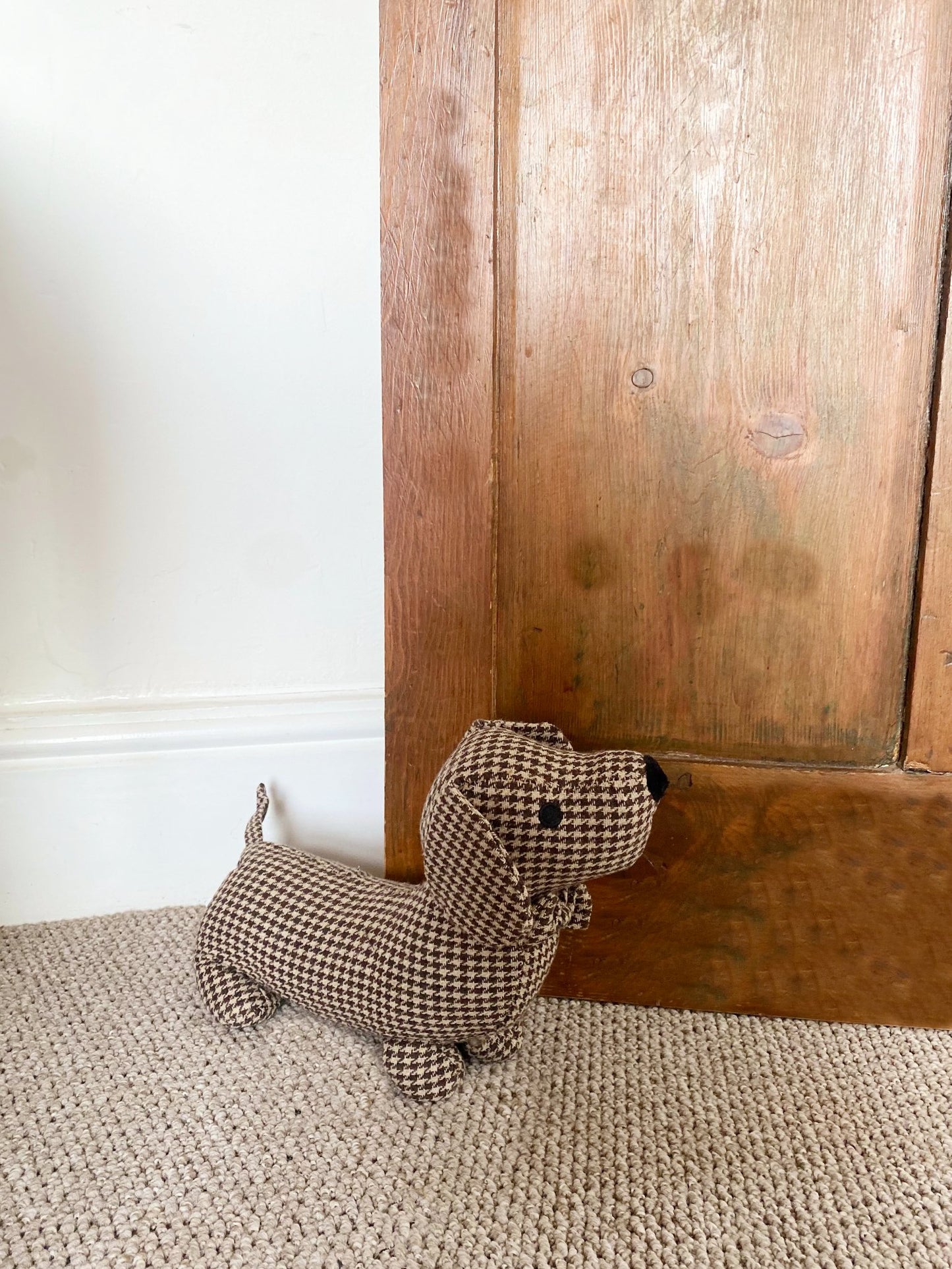 Brown Herringbone Fabric Sausage Dog Doorstop - a Cheeky Plant