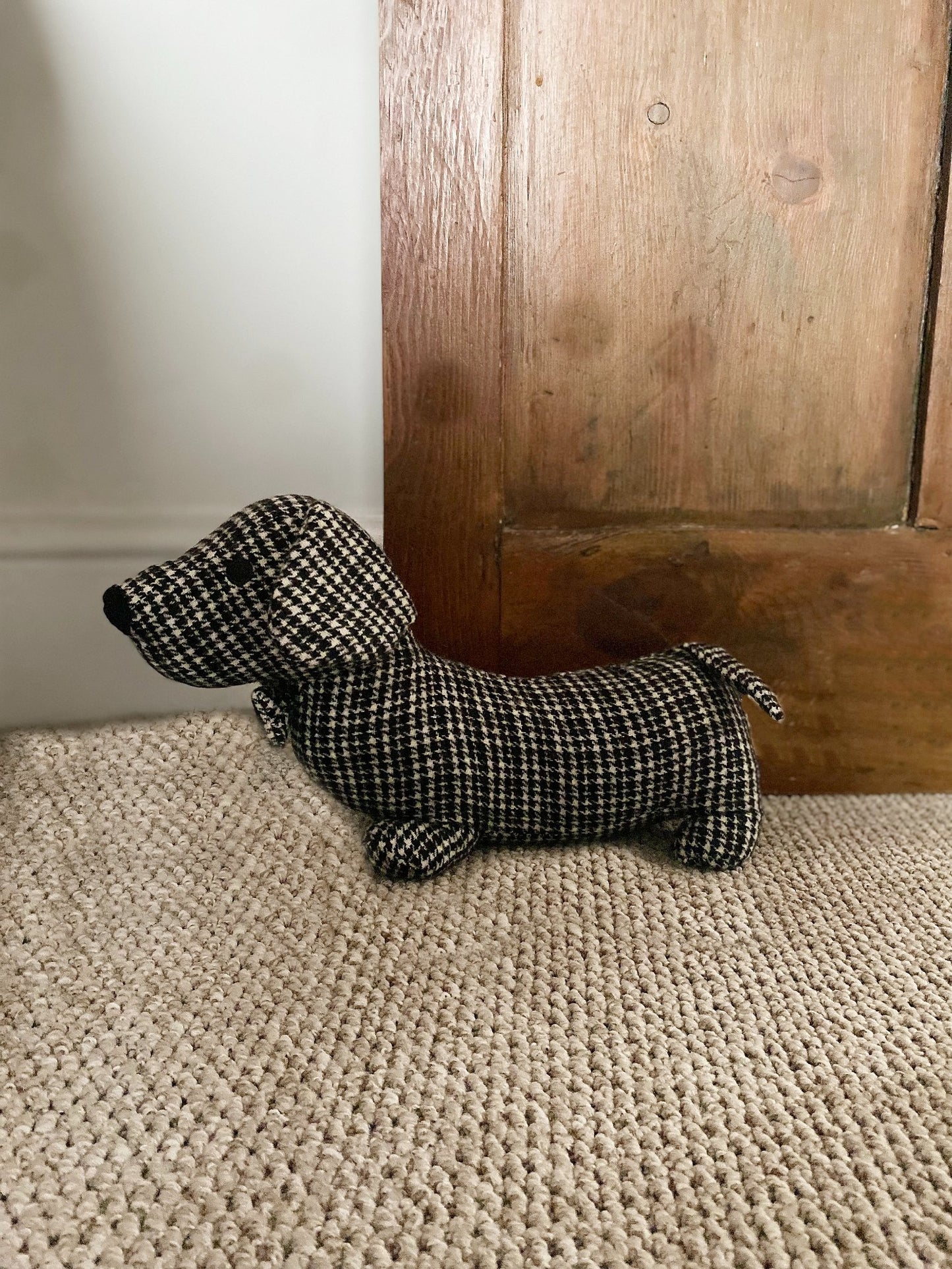Grey Herringbone Fabric Sausage Dog Doorstop - a Cheeky Plant
